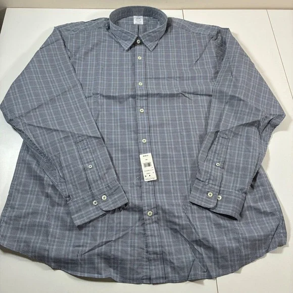 NEW Brooks Brothers Button Down Shirt 2XL Blue Plaid Performance Stretch Nylon